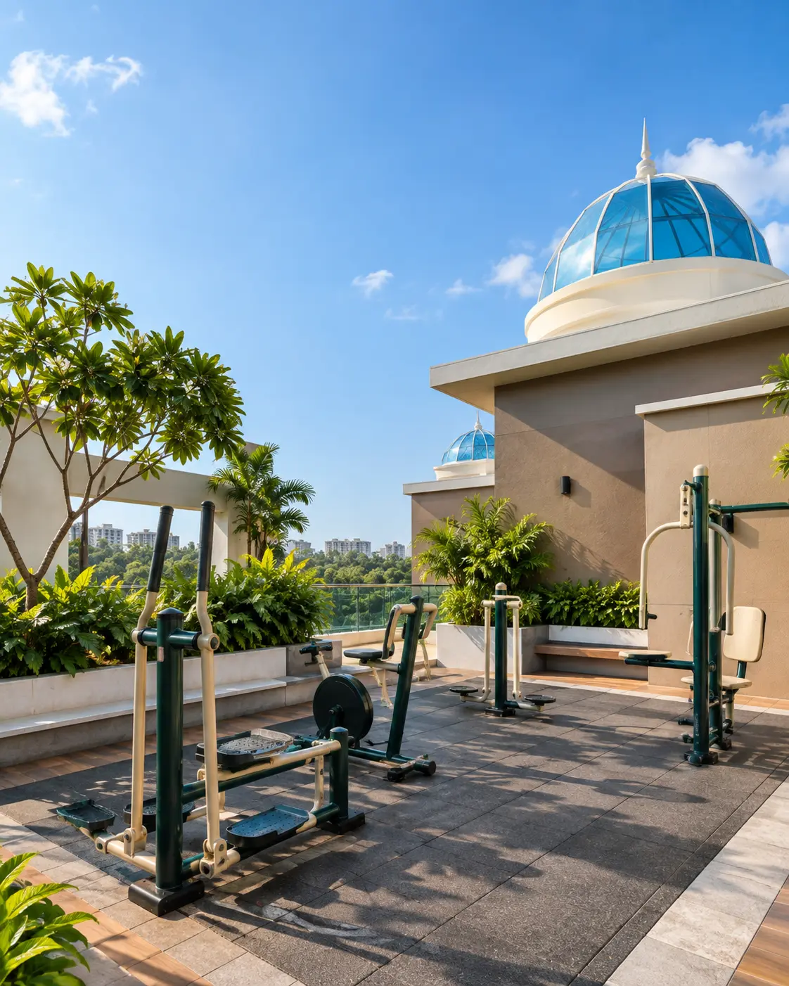 Open-air rooftop gym at Dwarika Nagari