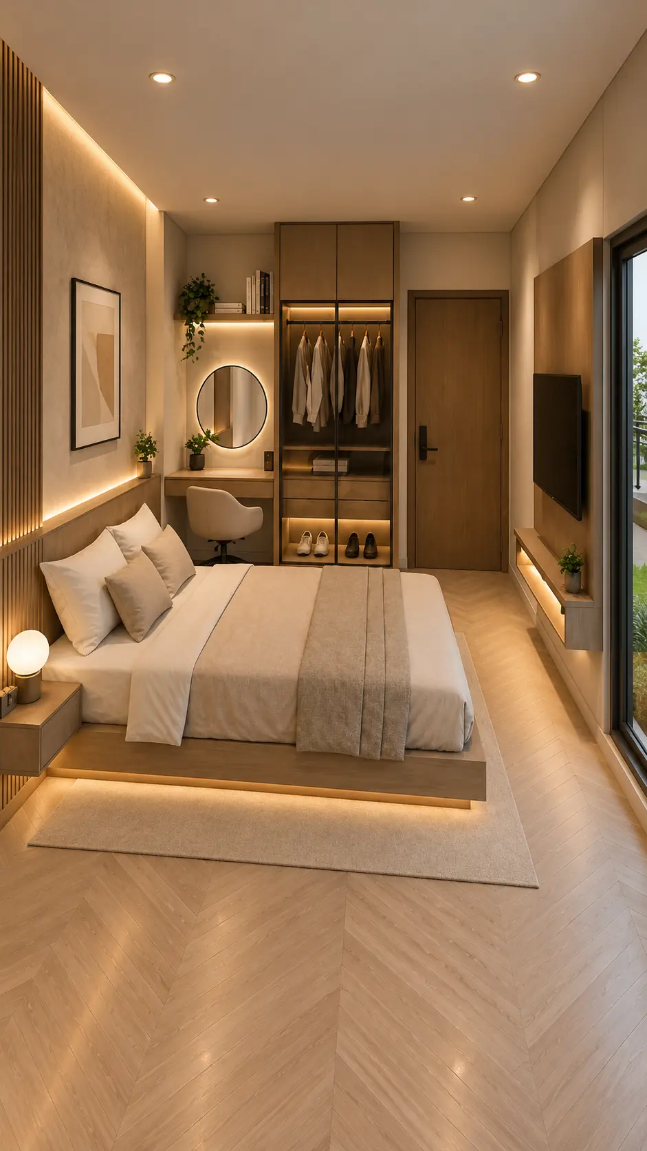 Herringbone bedroom with vanity