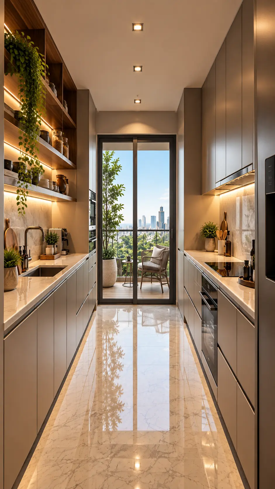 Galley kitchen with city view