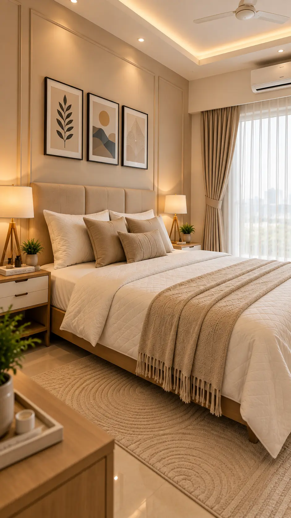 Bedroom with three art prints
