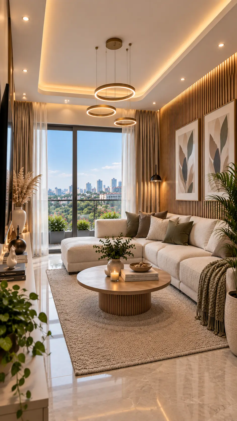 Living room with circular pendants