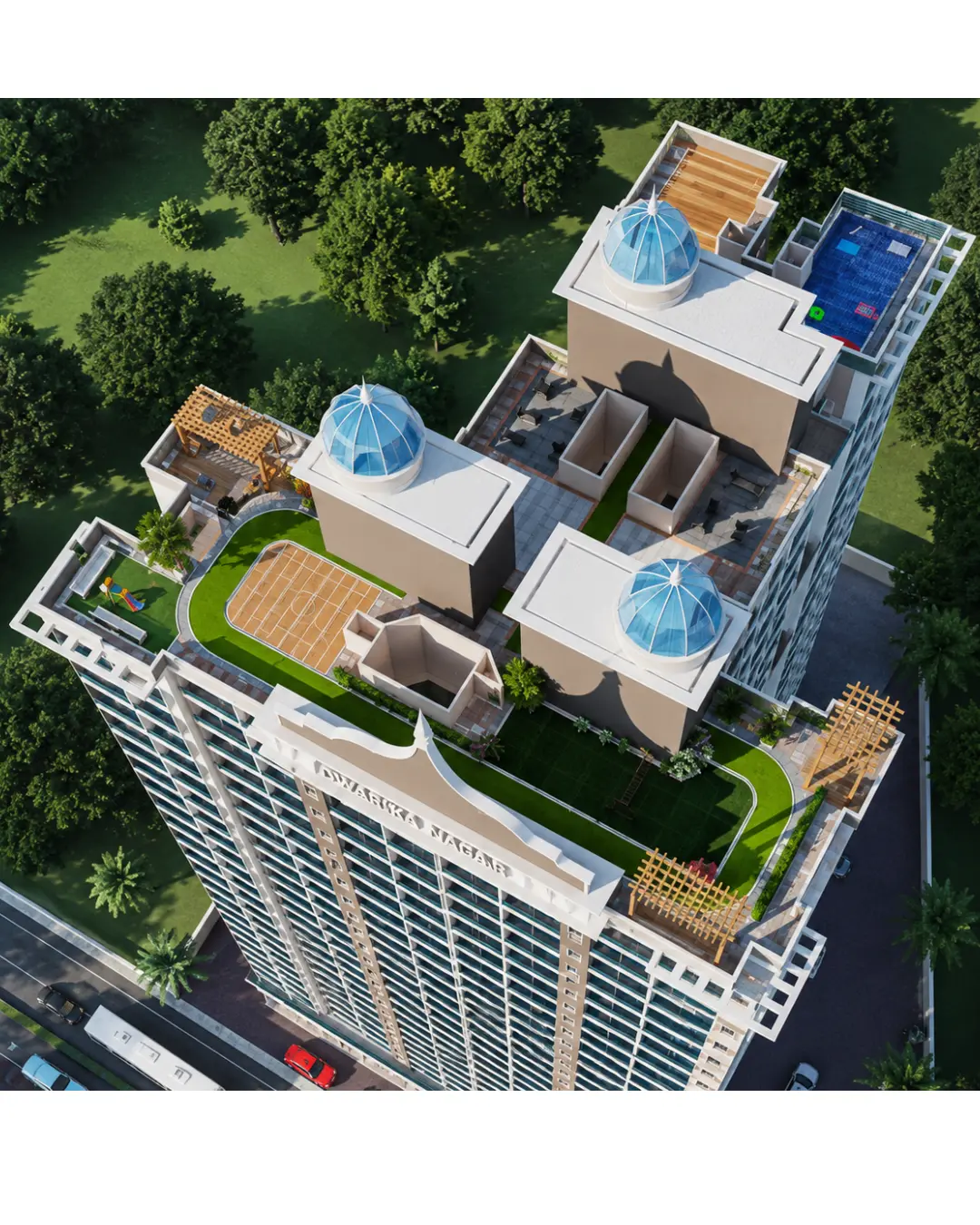 Aerial architectural view of Dwarika Nagari rooftop amenities
