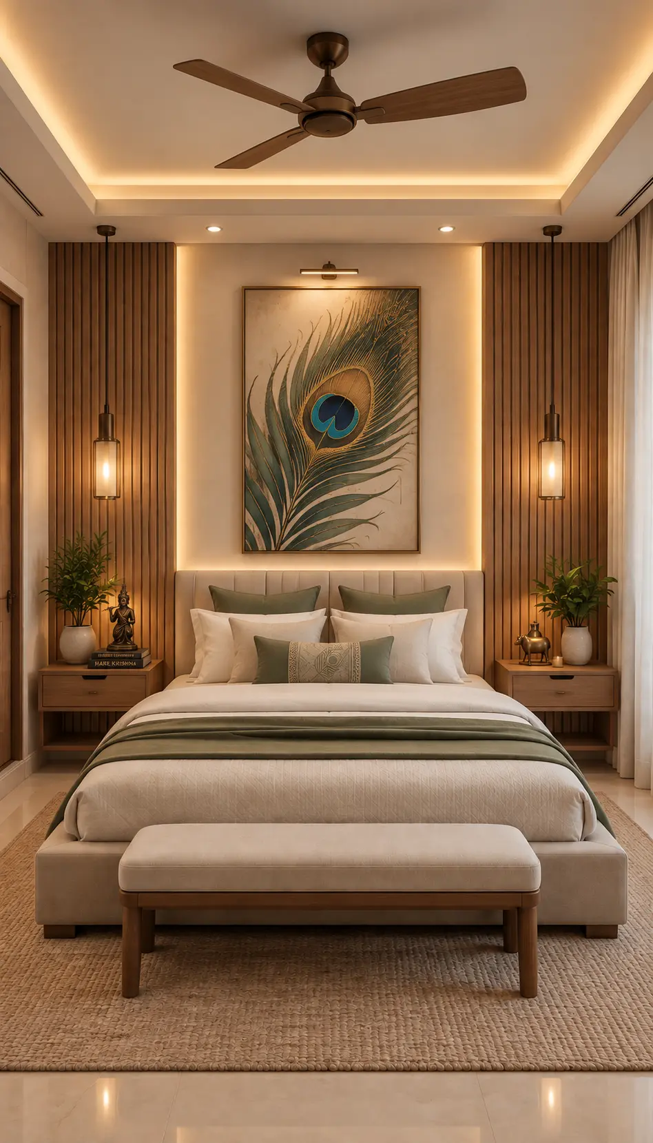 Bedroom with peacock artwork