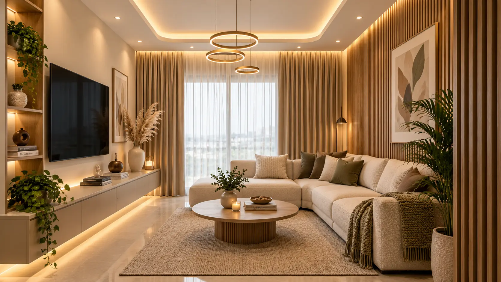 Warm contemporary sample apartment living room