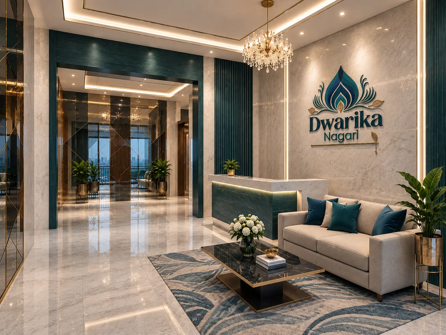 Dwarika Nagari reception lobby with branded feature wall