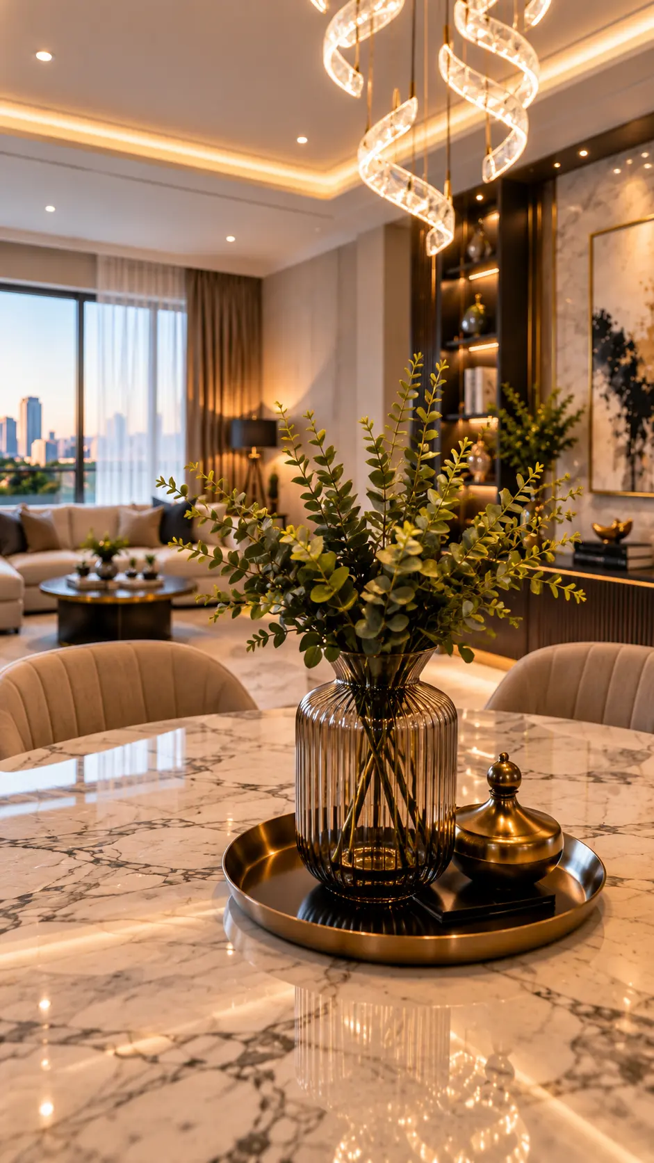 Marble dining table with spiral chandelier