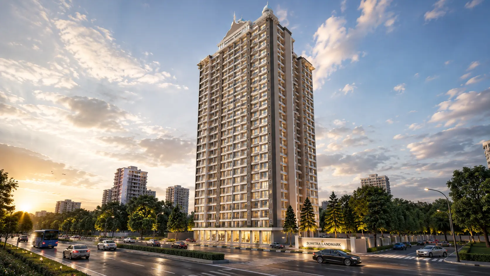 Dwarika Nagari 23-storey tower elevation at sunset