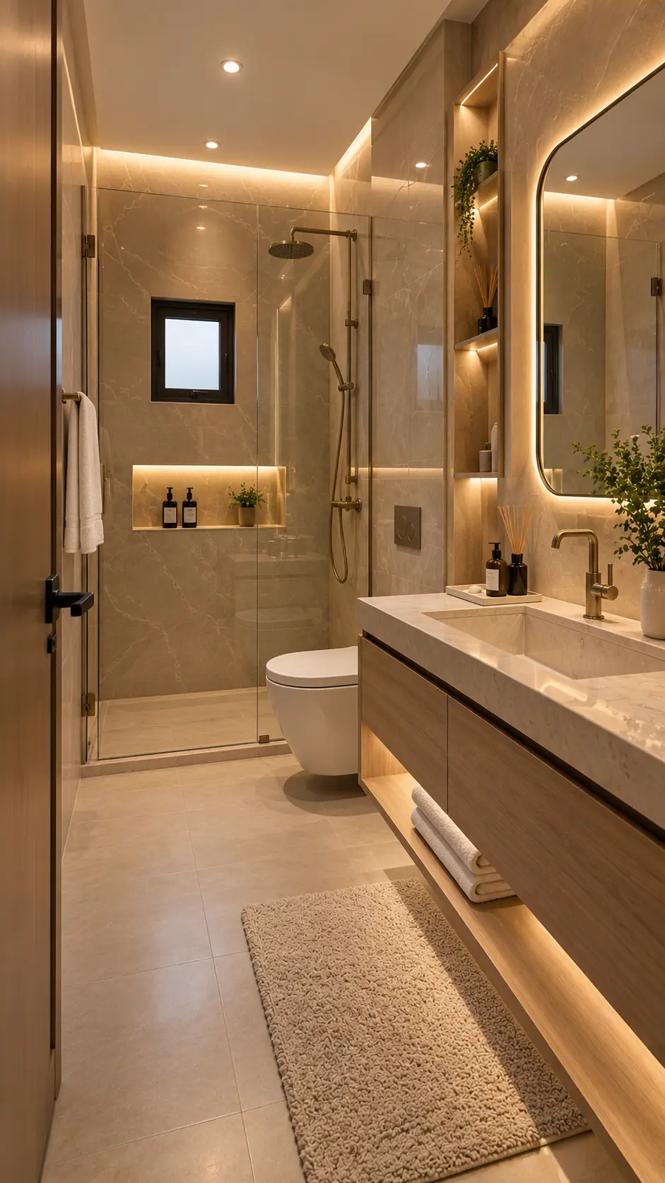 Tiled bathroom with glass shower