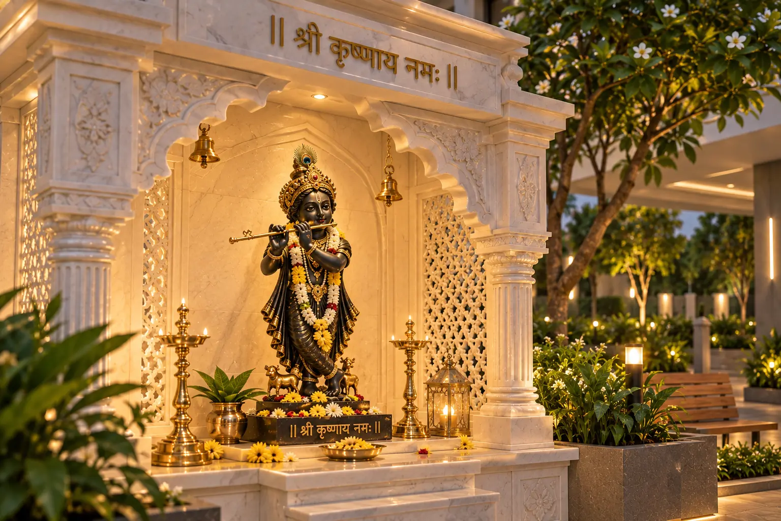 Ornate Krishna temple in the landscaped grounds of Dwarika Nagari